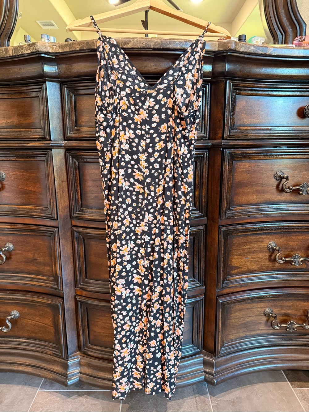 Floral Slip Maxi Dress - Black with Peach Flowers